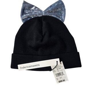 Federicamoretti Black Beanie with Blue Crushed Velvet Bow. Made In Italy.